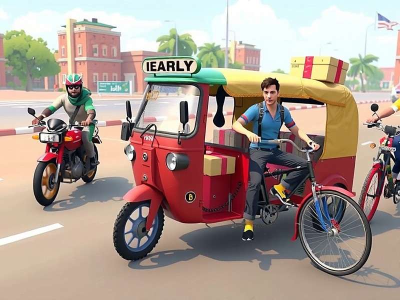 Various delivery vehicles in Parcel Rush including motorcycle, auto-rickshaw, and bicycle
